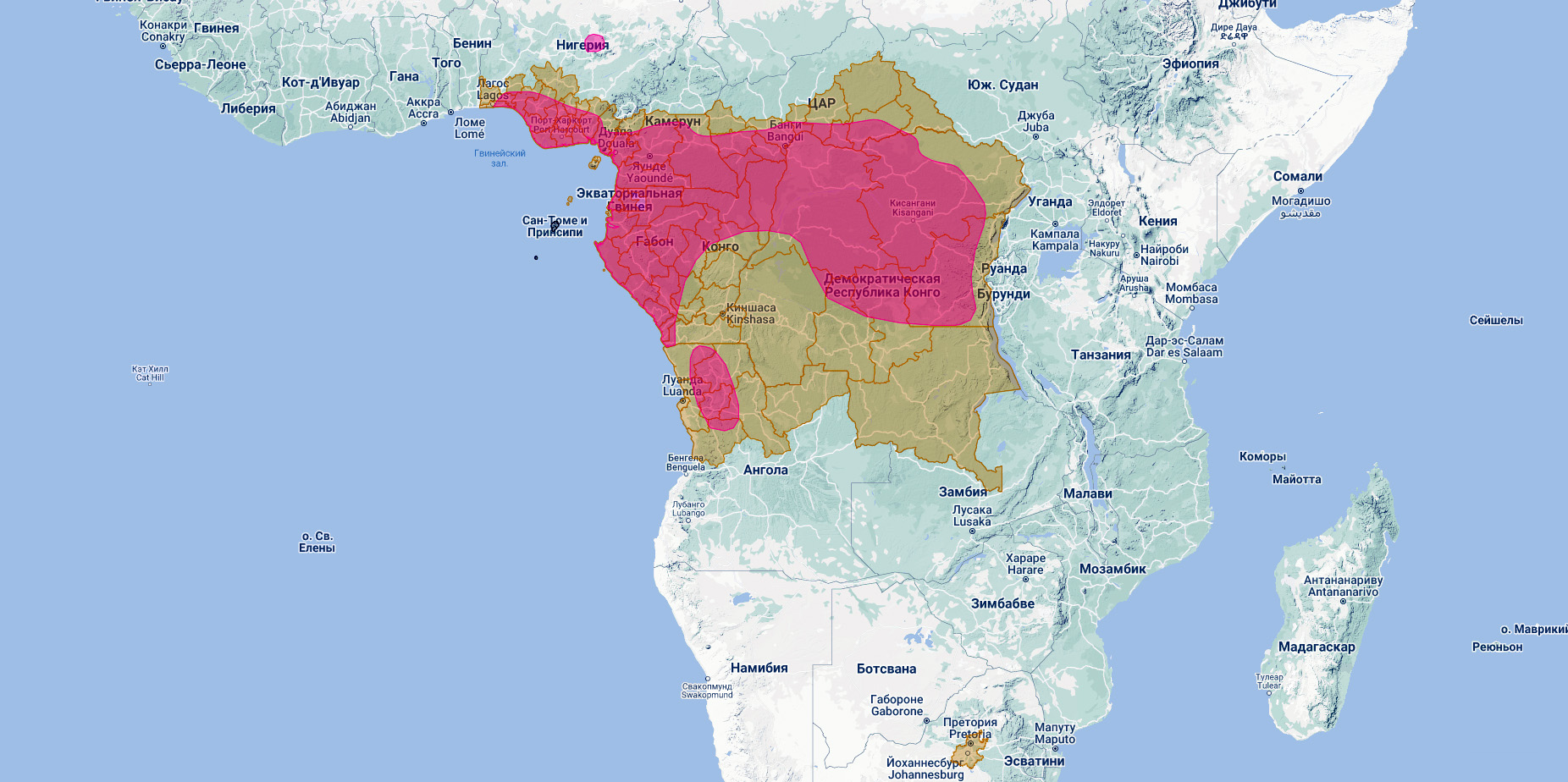 Каштановобрюхий ястреб (Accipiter castanilius) Ареал обитания на карте