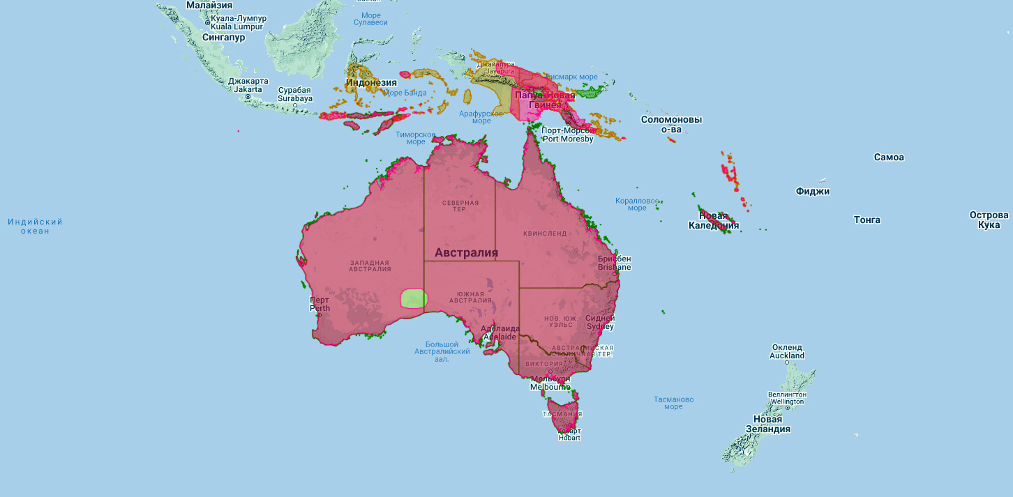 Австралийский бурый ястреб (Accipiter fasciatus) Ареал обитания на карте