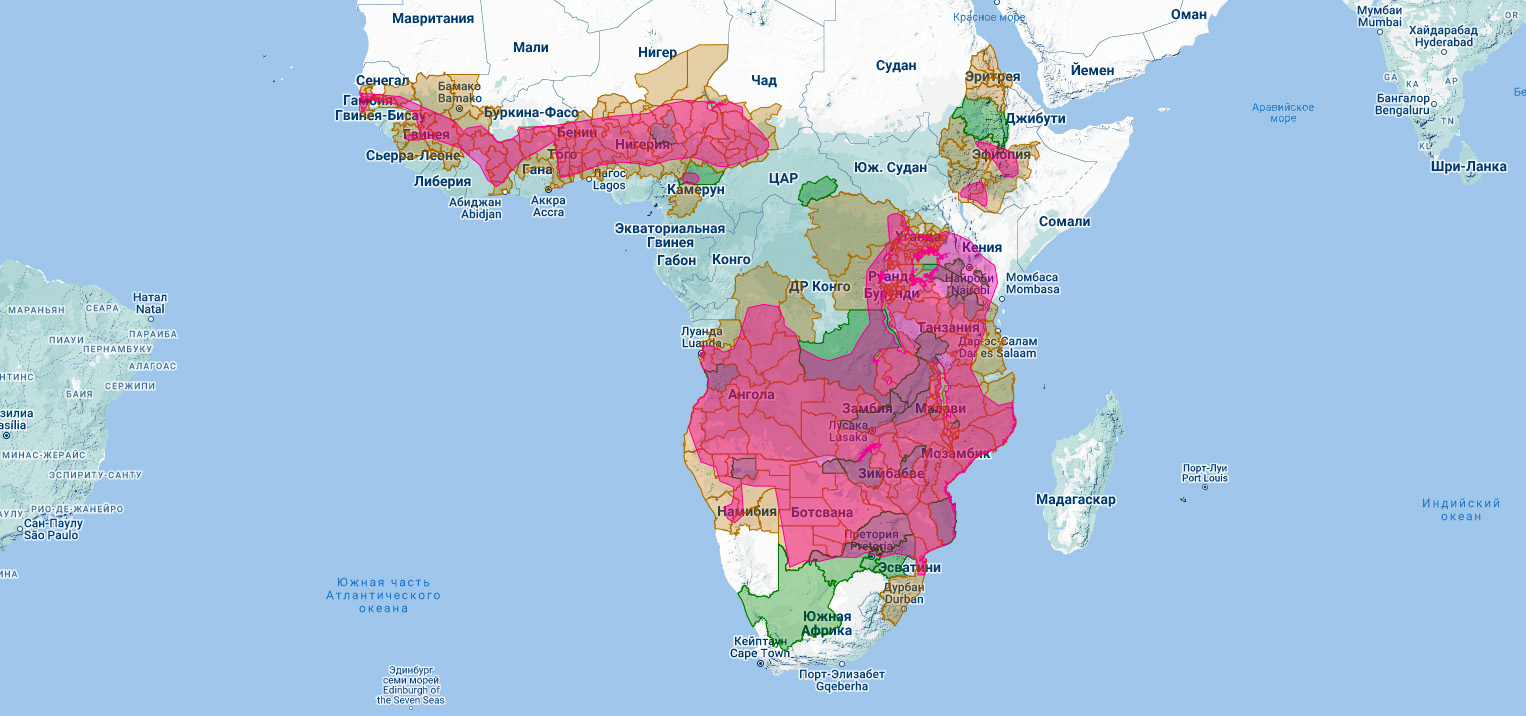 Краснобокий перепелятник (Accipiter ovampensis) Ареал обитания на карте