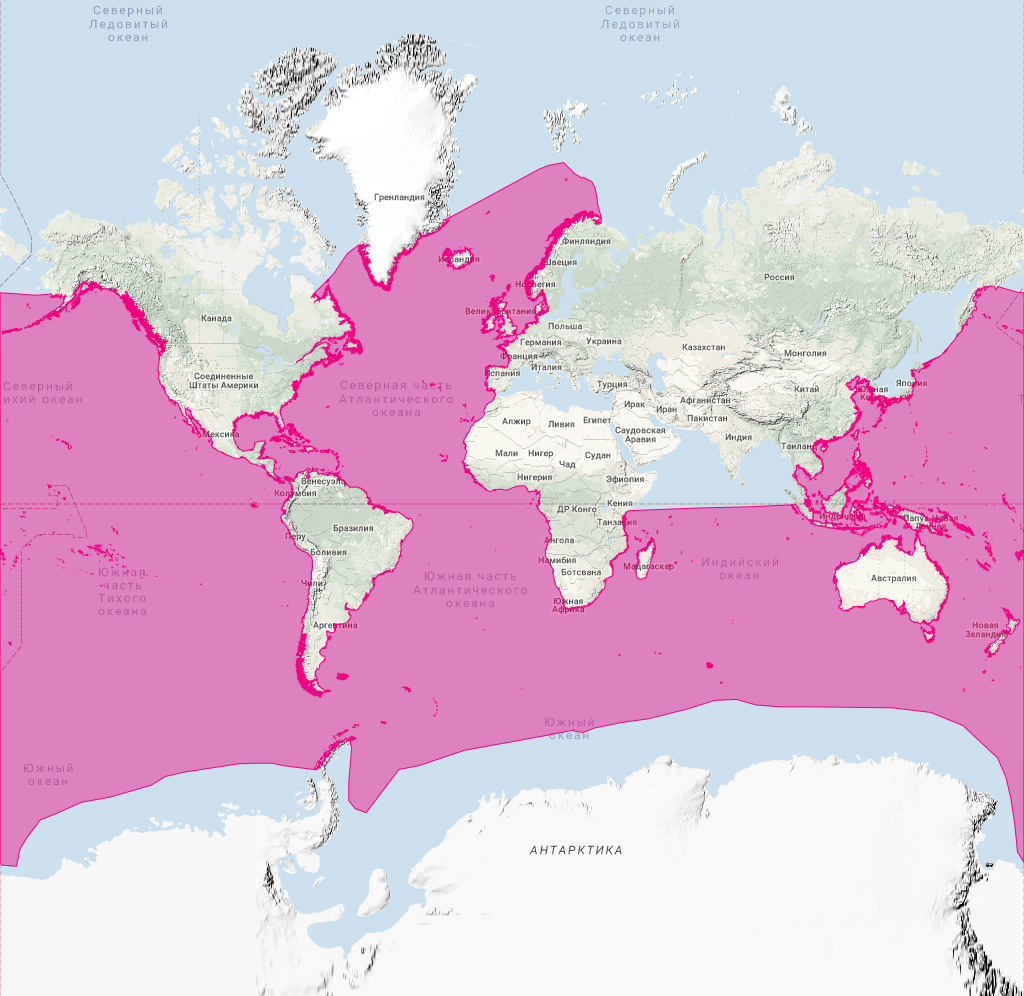 Сейвал (Balaenoptera borealis) Ареал обитания на карте