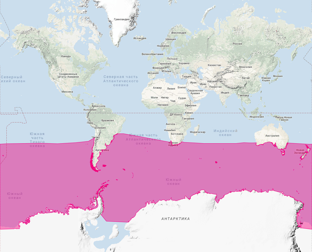 Южный плавун (Berardius arnuxii) Ареал обитания на карте