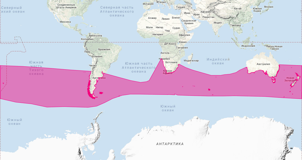 Карликовый гладкий кит (Caperea marginata) Ареал обитания на карте