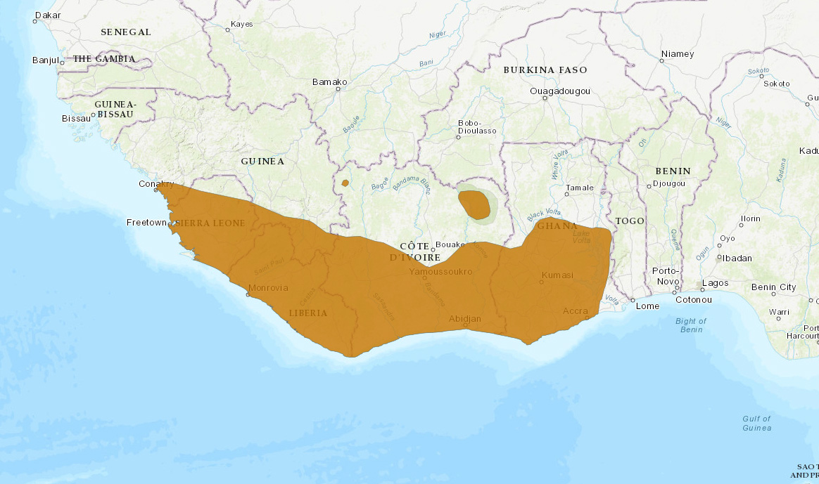 Длинноносая кузиманза (Crossarchus obscurus) Ареал обитания на карте