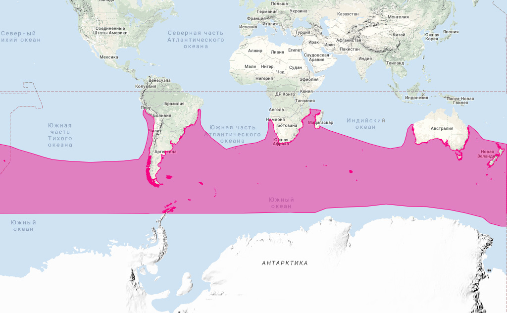 Южный гладкий кит (Eubalaena australis) Ареал обитания на карте