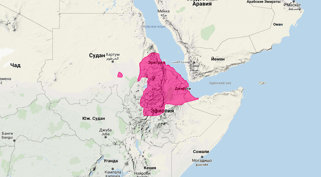Эфиопская генета (Genetta abyssinica) Ареал обитания на карте