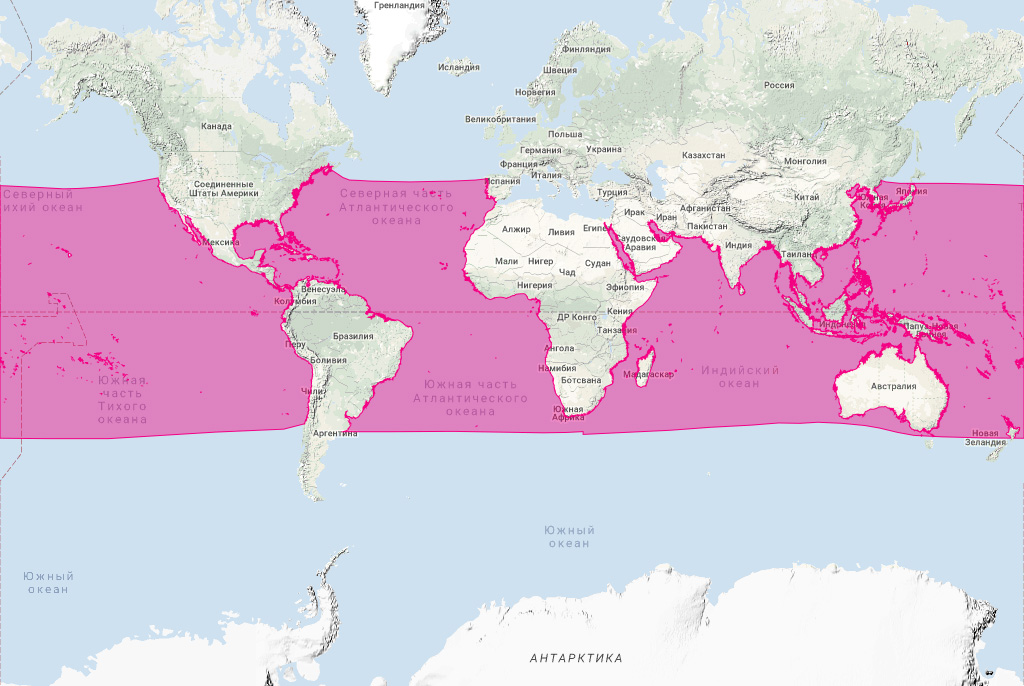 Малый карликовый кашалот (Kogia sima) Ареал обитания на карте