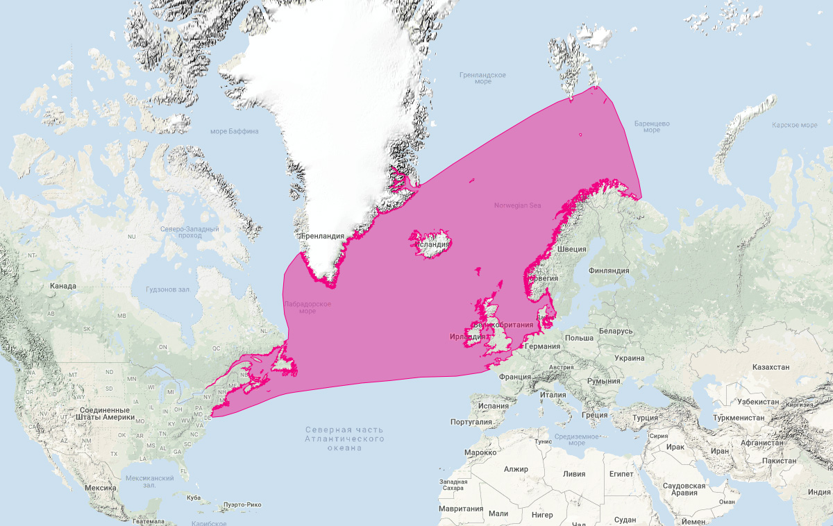 Атлантический белобокий дельфин (Lagenorhynchus acutus) Ареал обитания на карте