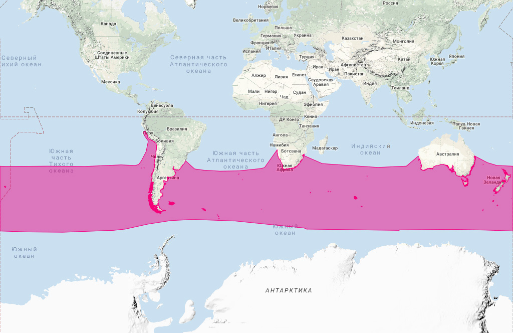 Южный китовидный дельфин (Lissodelphis peronii) Ареал обитания на карте