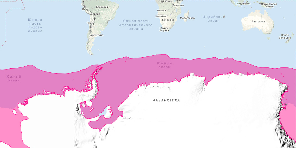 Тюлень-крабоед (Lobodon carcinophaga) Ареал обитания на карте