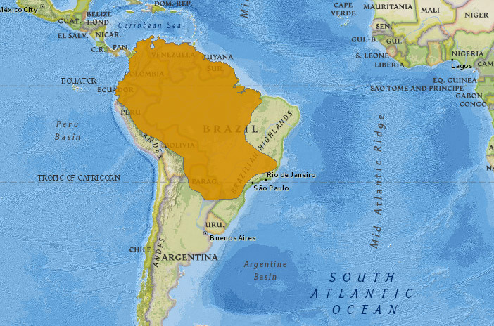 Mazama americana Ареал обитания на карте