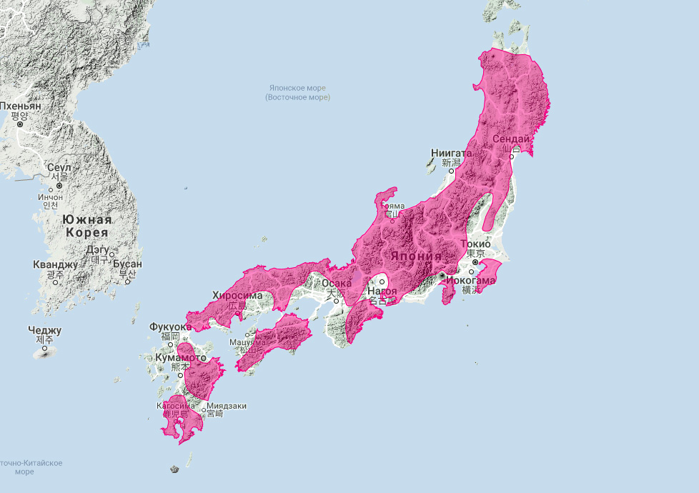 Японский барсук (Meles anakuma) Ареал обитания на карте