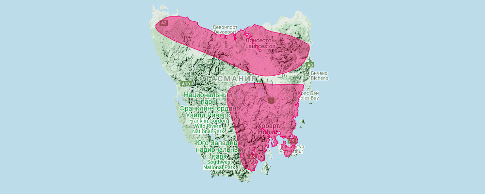 Тасманийский бандикут (Perameles gunnii) Ареал обитания на карте