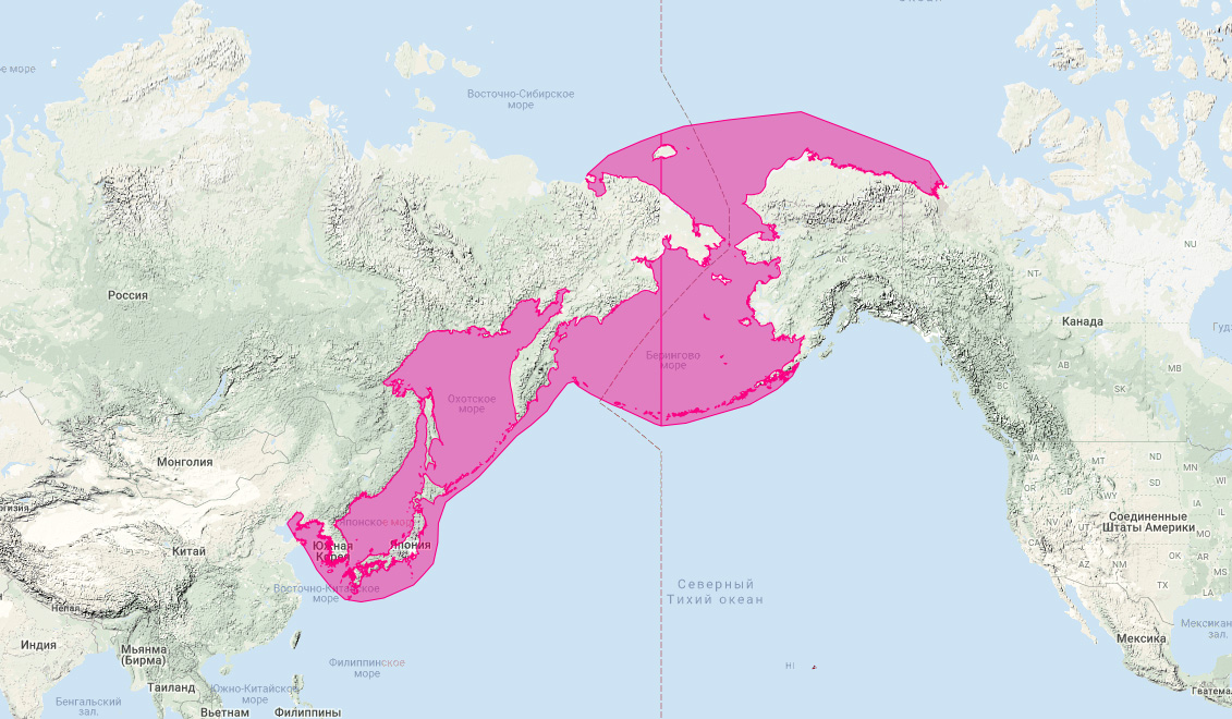 Ларга (Phoca largha) Ареал обитания на карте