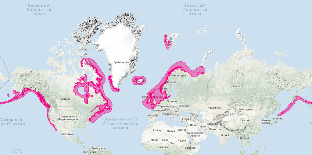 Обыкновенный тюлень (Phoca vitulina) Ареал обитания на карте