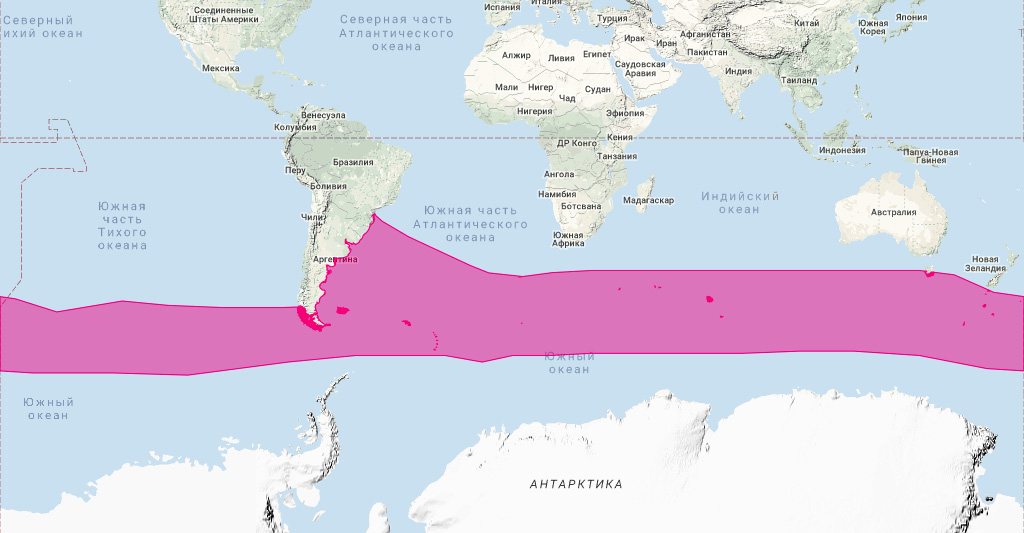 Очковая морская свинья (Phocoena dioptrica) Ареал обитания на карте