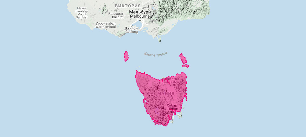 Тасманийский филандер (Thylogale billardierii) Ареал обитания на карте