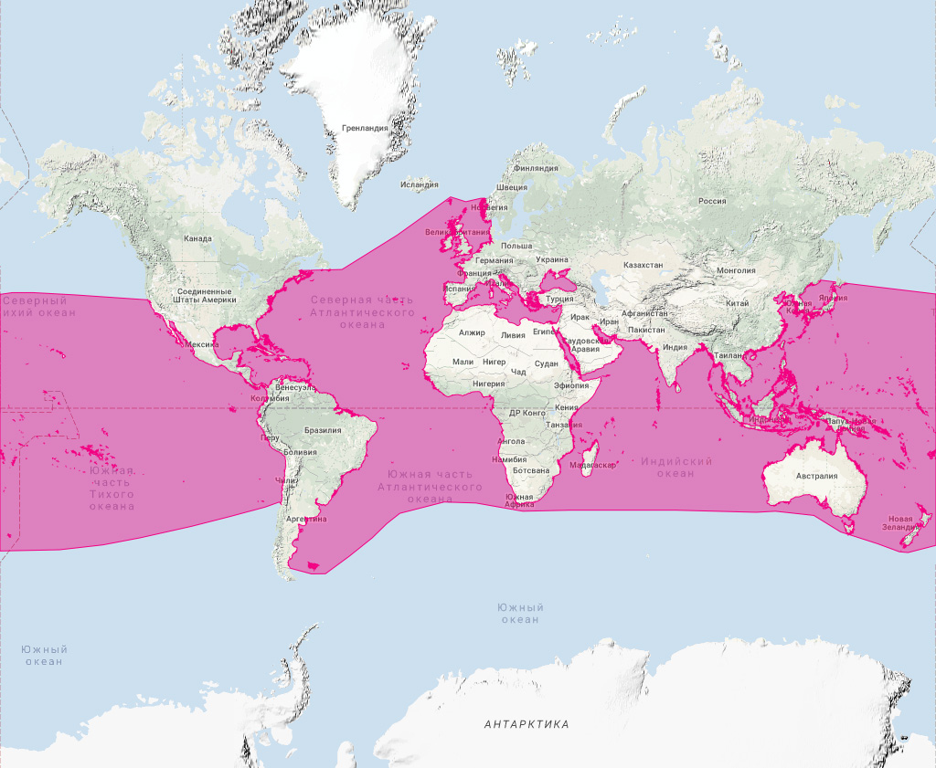 Афалина (Tursiops truncatus) Ареал обитания на карте