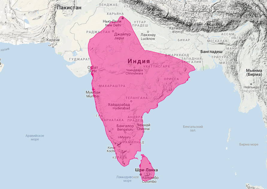 Индийский мангуст (Herpestes smithii) Ареал обитания на карте
