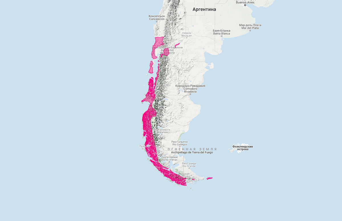 Южная выдра (Lontra provocax) Ареал обитания на карте