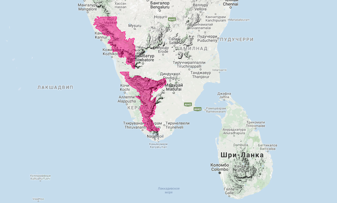 Нилгирская харза (Martes gwatkinsii) Ареал обитания на карте