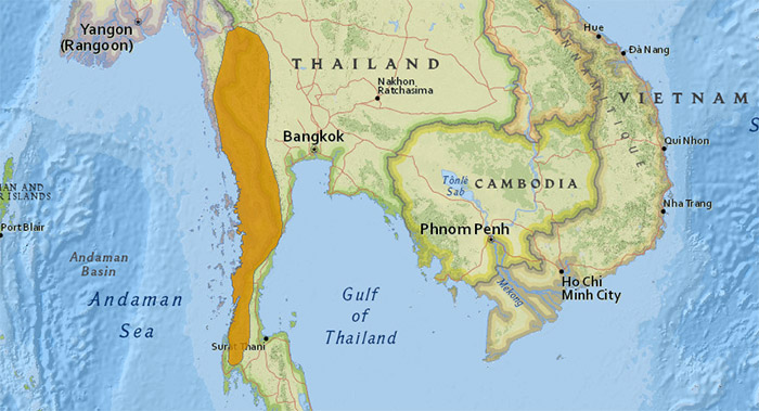 Muntiacus feae Ареал обитания на карте