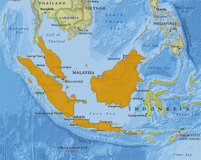 Muntiacus muntjak Ареал обитания на карте
