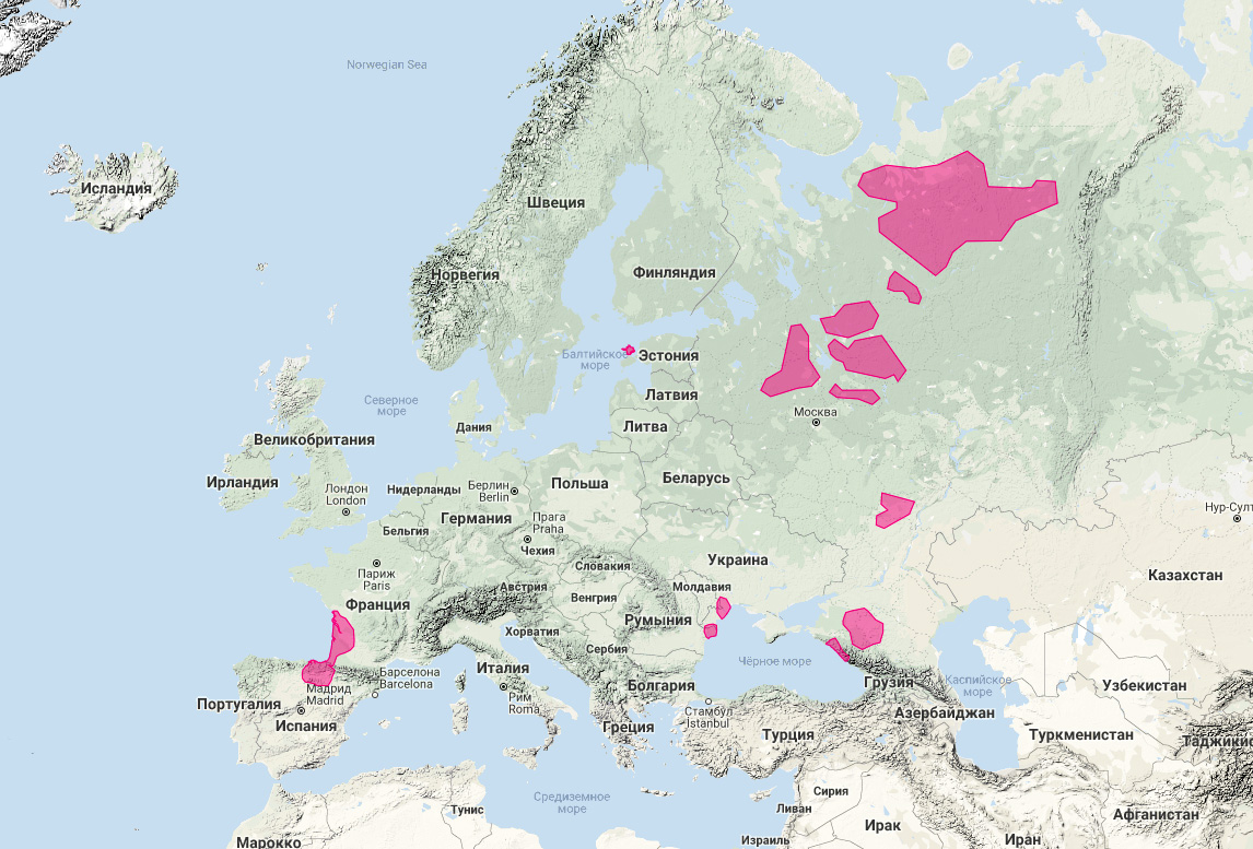 Европейская норка (Mustela lutreola) Ареал обитания на карте