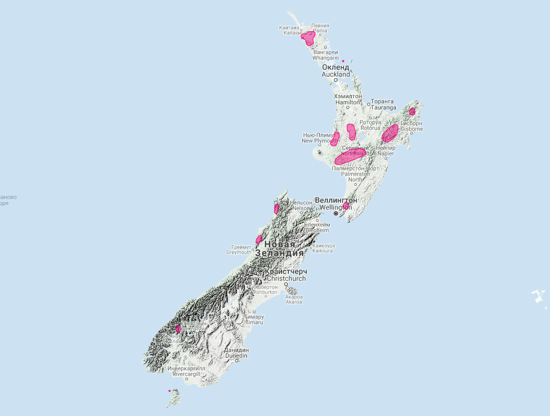 Новозеландская летучая мышь (Mystacina tuberculata) Ареал обитания на карте