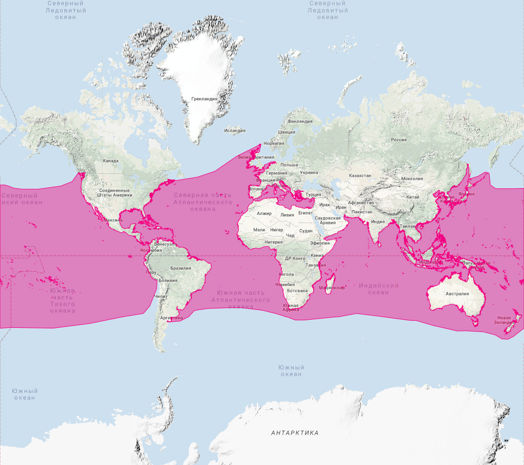 Полосатый продельфин (Stenella coeruleoalba) Ареал обитания на карте