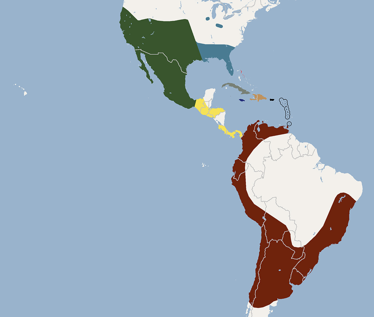 Tadarida brasiliensis - ареал обитания подвидов на карте