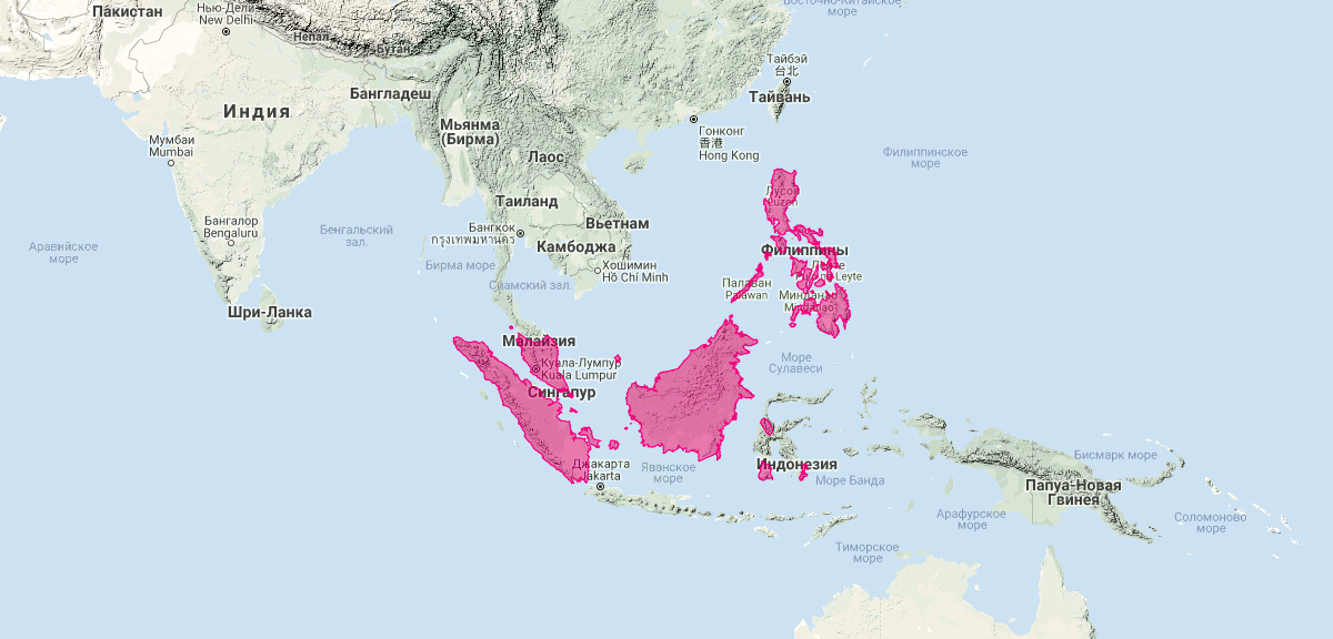 Тангалунга (Viverra tangalunga) Ареал обитания на карте